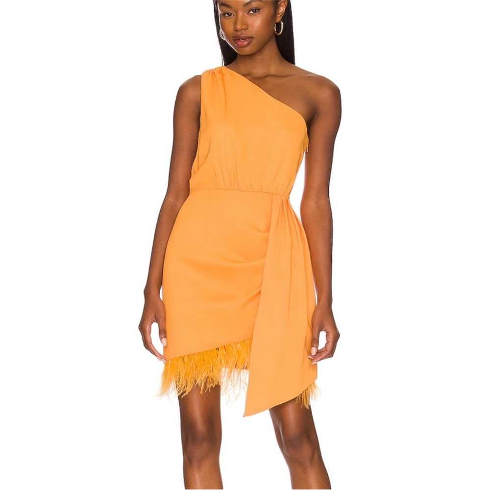 SAYLOR One-Shoulder Feather Hem Mini Dress in Orange